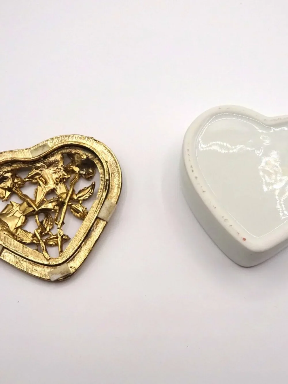 Vintage Heart Trinket Box Brass appearance Floral Filigree Lid W/ Porcelain Box
